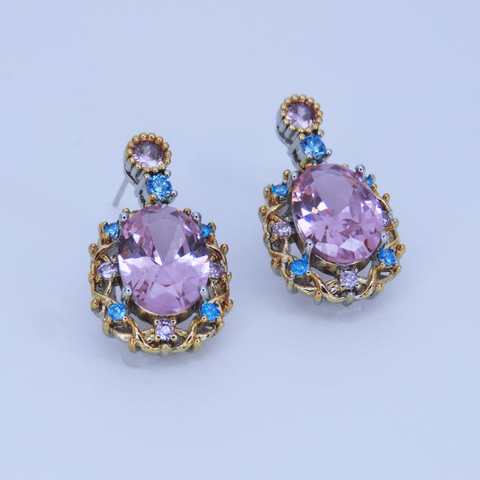 Aretes Elegantes Con Piedras En Rosa y Azul.