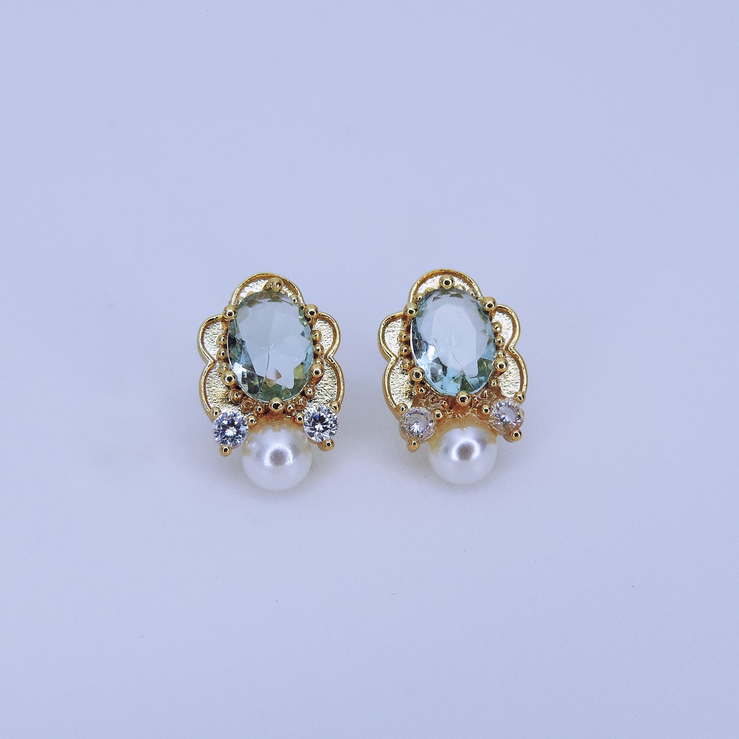 Aretes De Botón Vintage Con Perlas Y Piedras Azul Claro