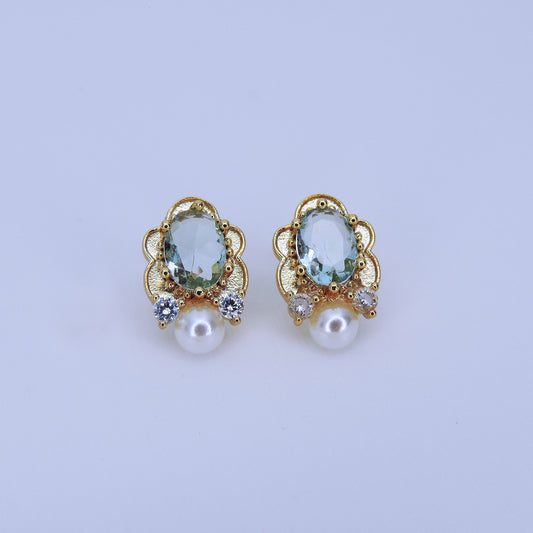 Aretes De Botón Vintage Con Perlas Y Piedras Azul Claro